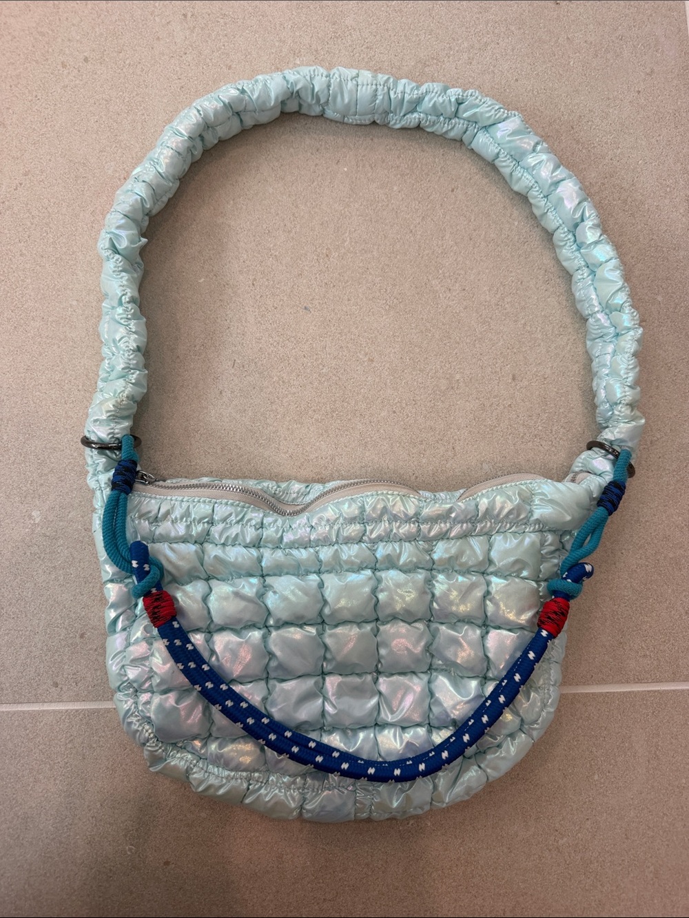 Kpop Iridescent Light Aqua Quilted Shoulder Bag with Blue Accent Handle